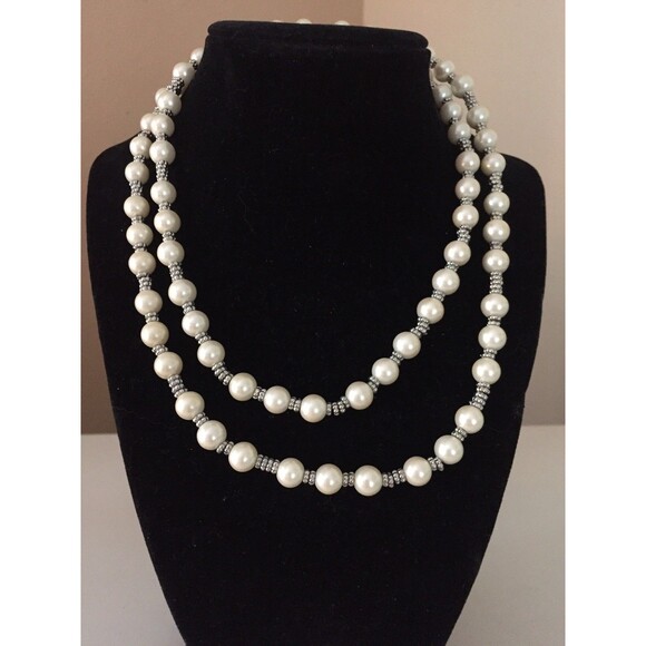 Vintage Chaps Faux Pearls Glass Beads Necklace with Silver Tone Beads & Clasp - Picture 1 of 9